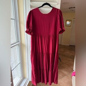 Elegant True Burgundy Women's Midi Dress with slightly puffy sleeves